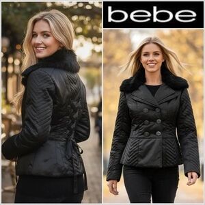 Bebe Women's Black puffer corset back Pea Coat size XS EUC missing fur accent